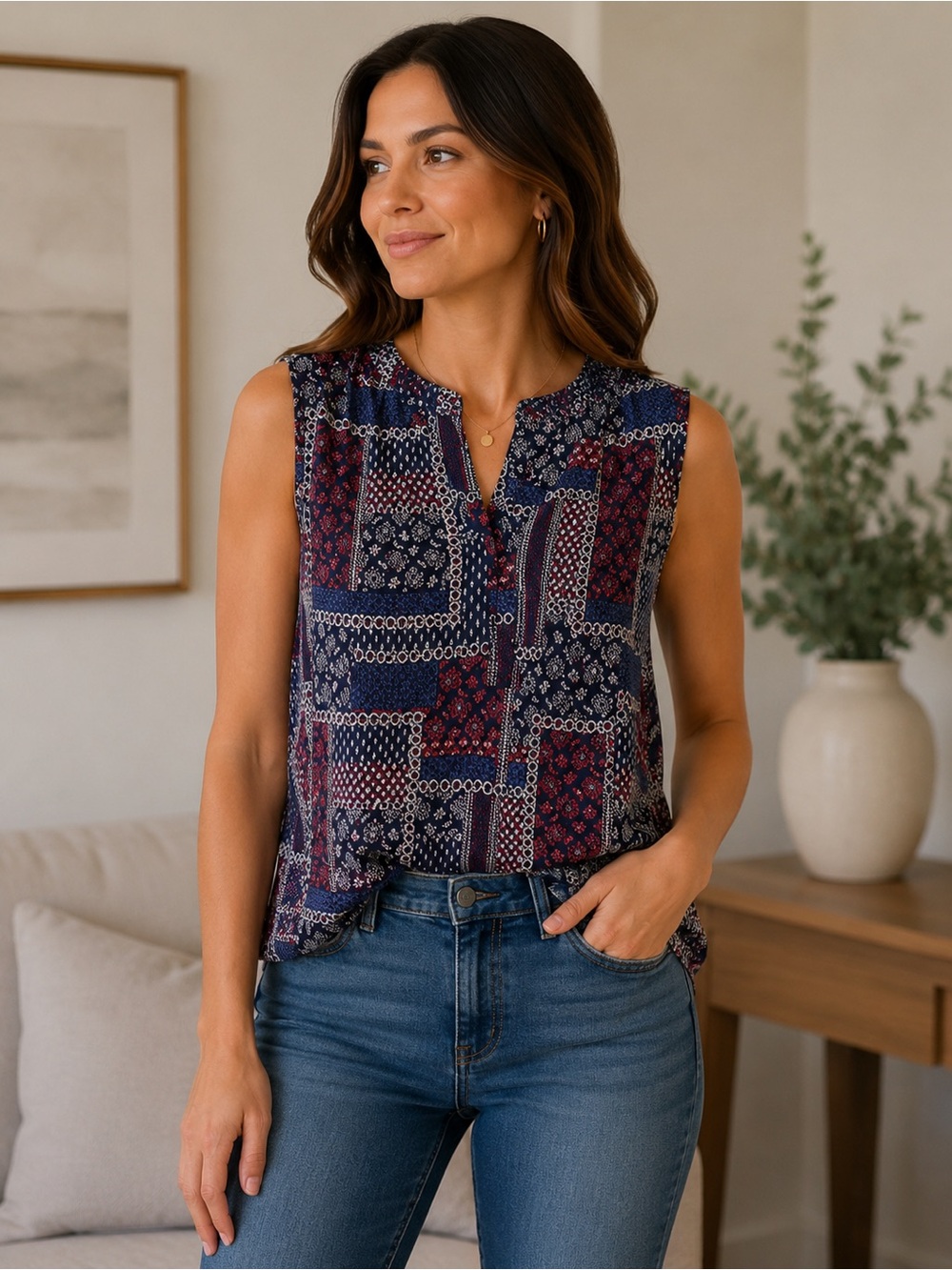 Violet & Claire Sleeveless Blue and Red Blouse